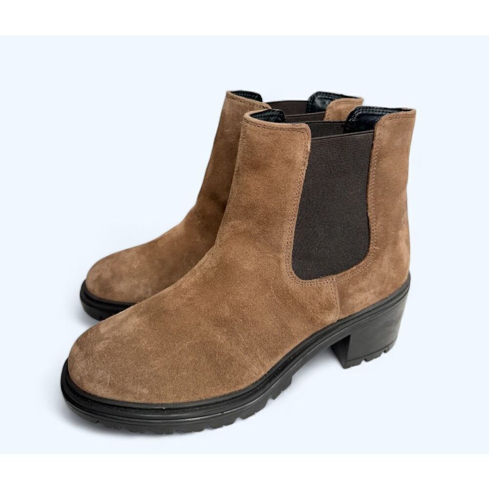 GEOX‎ Leather Boots Size 9.5 Brown Ankle Chelsea Pull On Block Heel Booties NEW